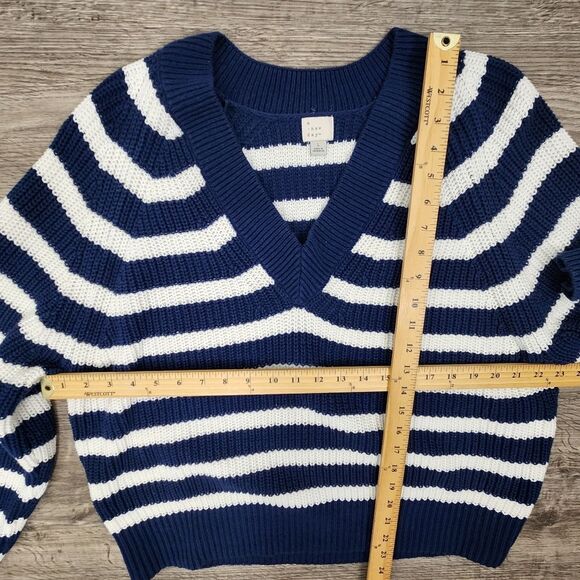 Navy Stripe Sweater VNeck Pullover Cable  Size L oversized - Picture 9 of 12